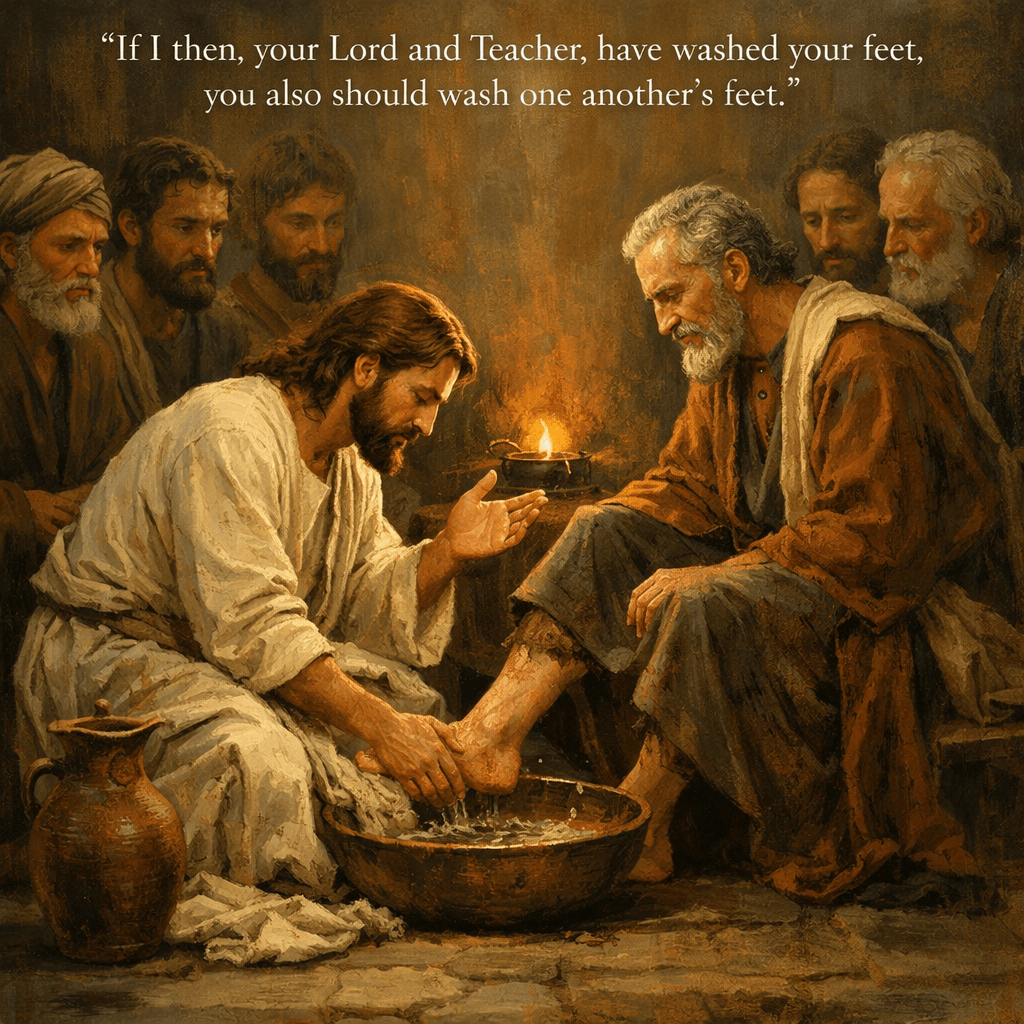 Jesus washing a disciple's feet with water in a basin surrounded by other disciples