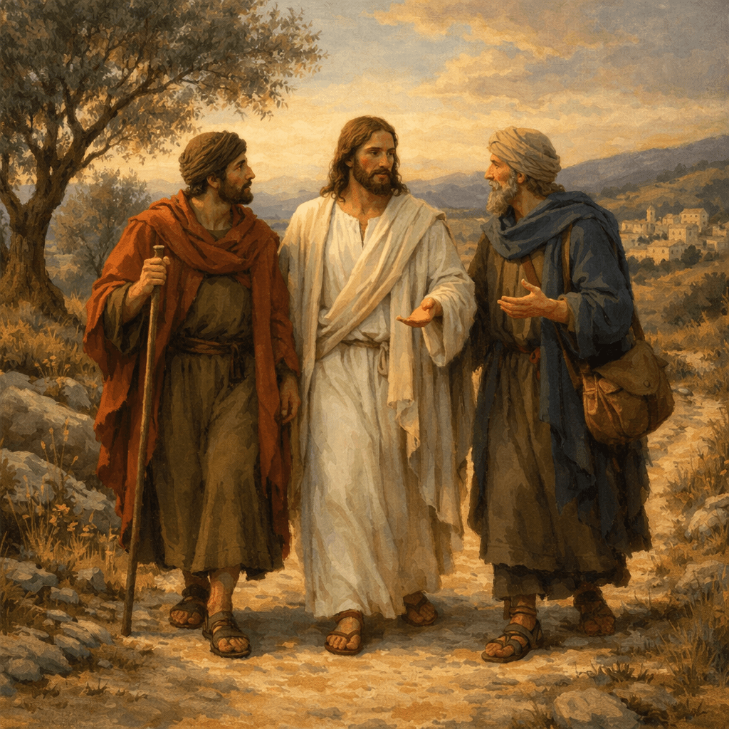 Jesus in white robe walking and speaking with two men in robes on a country path