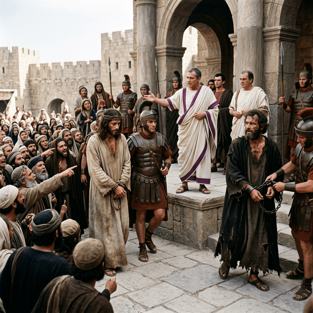 Roman official in toga speaking to crowd with two men in chains guarded by soldiers