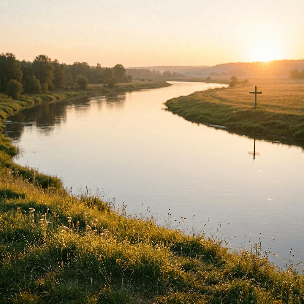 Six people of diverse backgrounds kneeling and praying together by a river at sunset